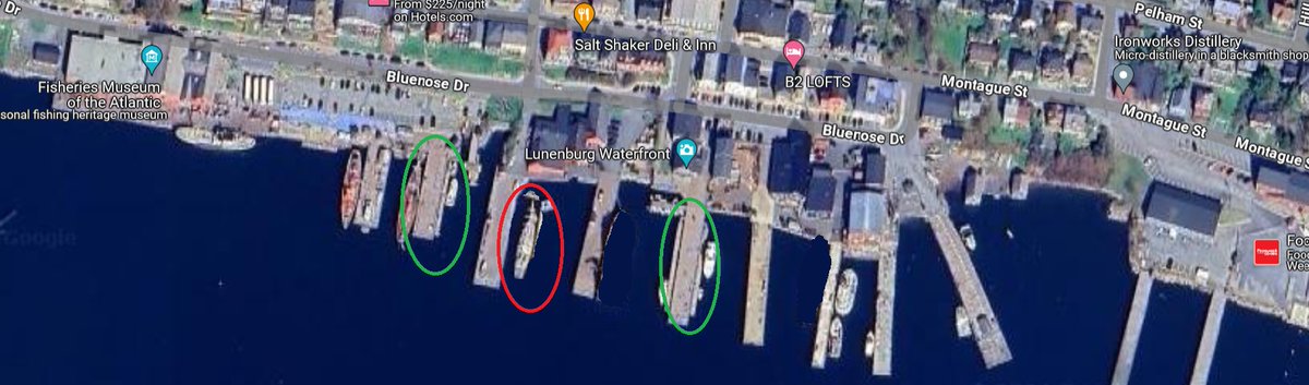 Who is looking forward to tomorrow? Below is a view of the  Lunenburg waterfront of where the Picton Castle will be (Red circle) and where best to view from (green circle).