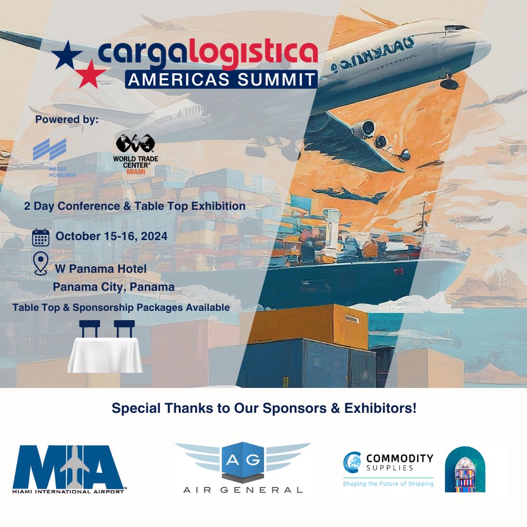 acscamericas's tweet photo. 🚀 Powered by WTC Miami &amp; Messe München, the Cargalogistica Americas Summit debuts Oct 15-16, 2024, at the W Hotel in Panama! 🌍 Focus on Latin America's business opportunities, challenges, and best practices.
🔗 https://t.co/aNcAYGwoQ4
#Logistics #SupplyChain #Conference #Panama https://t.co/yc7ZrNfsNv
