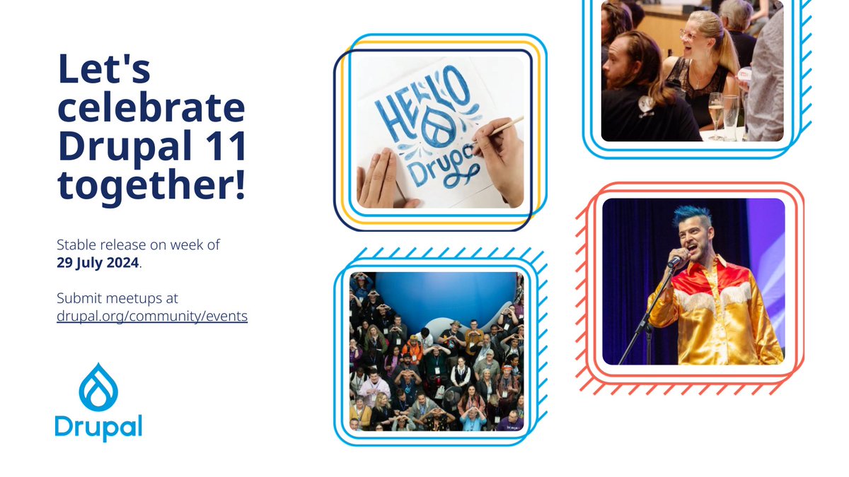 Exciting news! Drupal 11's stable release is coming the week of 29 July 2024. Submit your meetups and events at drupal.org/community/even… and join the celebration!
