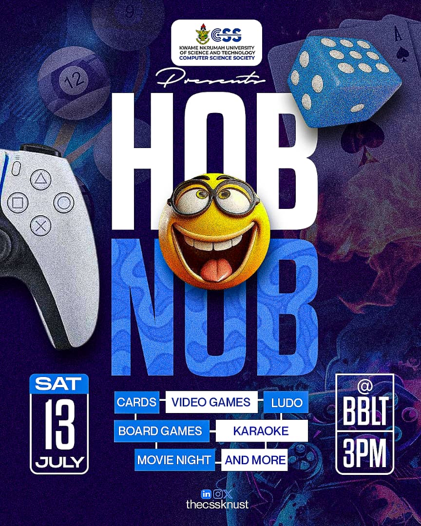 thecssknust's tweet image. As we wrap up our week-long celebration, get ready for the most exciting part.

Join us tomorrow at 3:00 PM for Hobnob at the BBLT.

Let’s have some fun!😉

#CSS #CSSWeek #Hobnob #KNUST