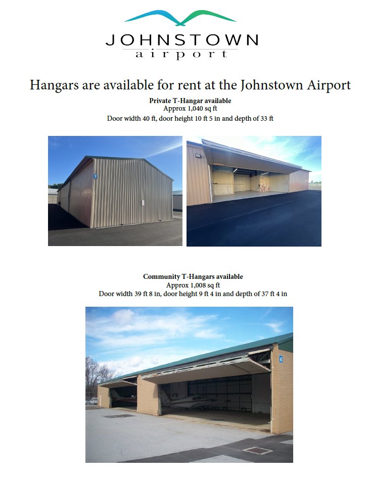 Aviation Council PA (@acpfly) on Twitter photo Hangars are available for rent at the Johnstown Airport! For more information Call 814-536-0002 EXT 2 or email info@flyjst.com Hangars are available for rent at the Johnstown Airport! For more information Call 814-536-0002 EXT 2 or email info@flyjst.com
