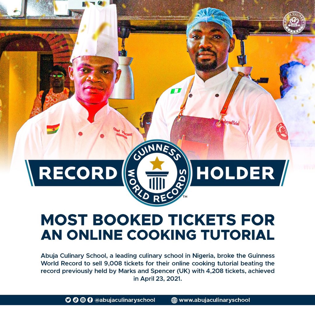 @abujaculinaryschool  IS THE NEW GUINESS WORLD 🌎 RECORD HOLDER FOR THE  MOST TICKETS SOLD FOR AN ONLINE COOKING TUTORIAL
A very big congratulations 🎊🍾🎉🎈 to the entire team @abujaculinaryschool 

THANK YOU @guinnessworldrecords 
THANK YOU @abujaculinaryschool