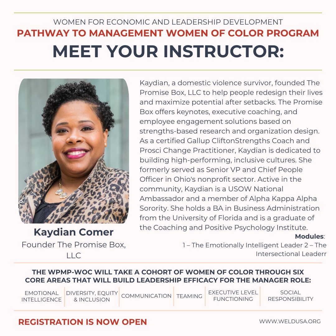 Elevate your leadership this fall! 🌟 Join our WELD Pathway to Management Program for Women of Color. Excited to introduce your instructor, Kaydian Comer! 🎓 More reveals to come for our PMP-WOC in-person cohort. Learn more: ow.ly/sC6450Szc9b