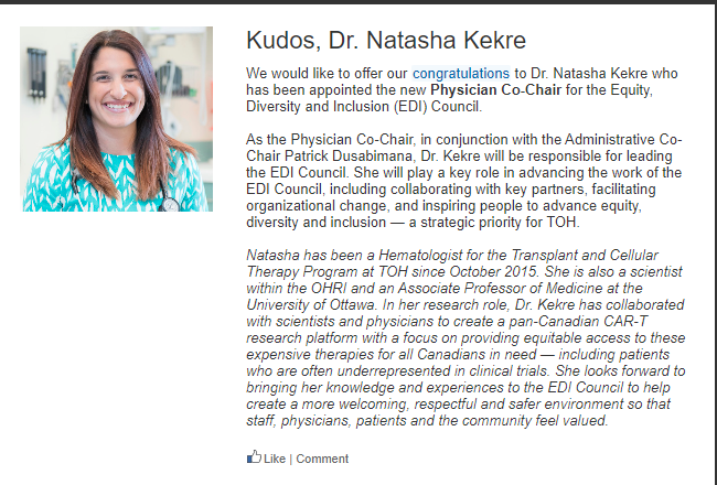 TCT Program - The Ottawa Hospital (@tct_toh) on Twitter photo Congrats to our superstar <a href="/DrNatashaKekre/">Natasha Kekre</a> for being appointed the new Physician Co-Chair for the Equity, Diversity and Inclusion (EDI) Council <a href="/uOttawa/">Université d'Ottawa | University of Ottawa</a> Congrats to our superstar <a href="/DrNatashaKekre/">Natasha Kekre</a> for being appointed the new Physician Co-Chair for the Equity, Diversity and Inclusion (EDI) Council <a href="/uOttawa/">Université d'Ottawa | University of Ottawa</a>