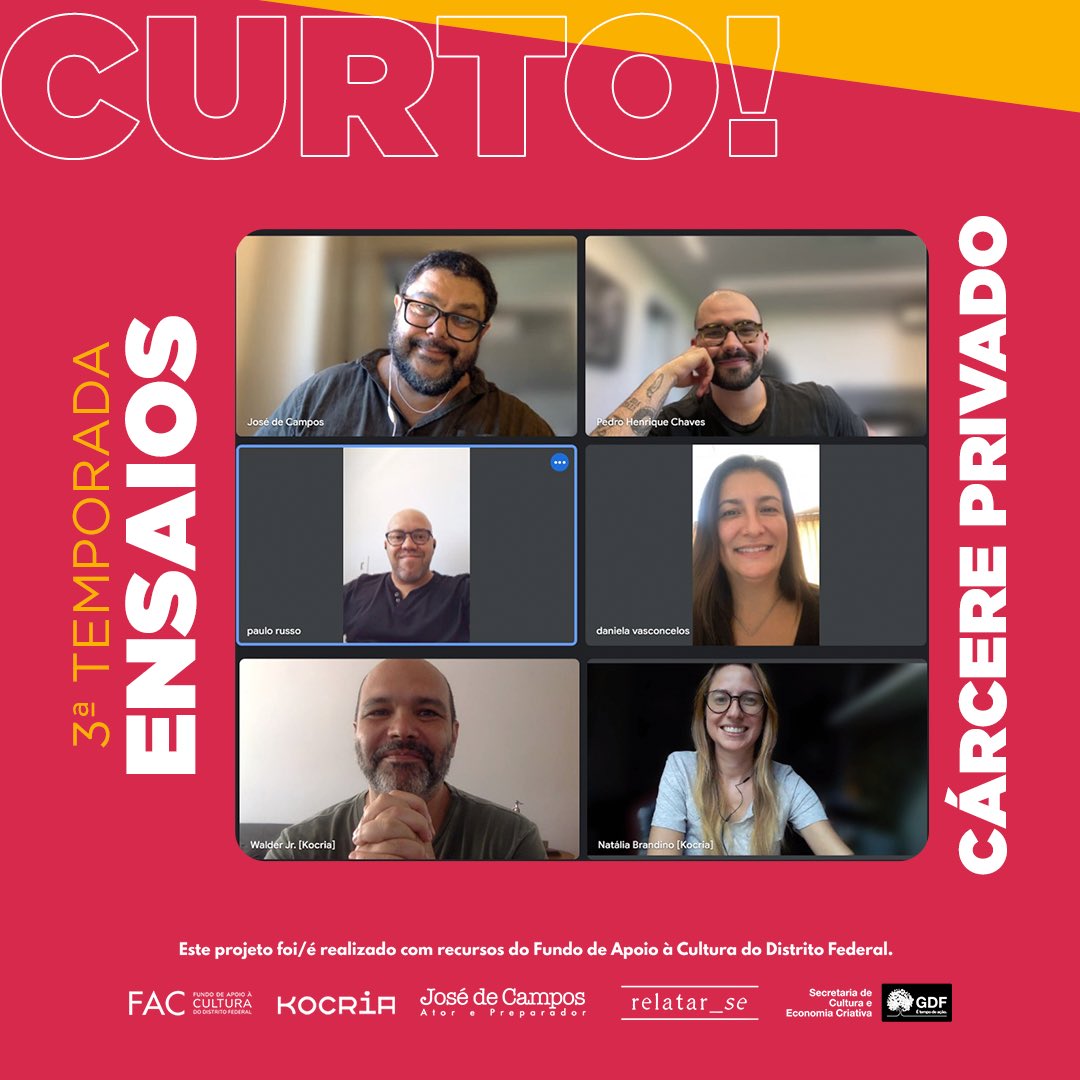 Estamos na etapa de ensaio, agora foi a vez do curto CÁRCERE PRIVADO (ou Sartre que tinha razão) 🚪❤️‍🩹 com o equipe, elenco, autor e diretor Paulo Russo. 
Realização: José de Campos / Kocria Audiovisual
Acessibilidade: Relatar_se 
Apoio: FAC-DF / @sececdf