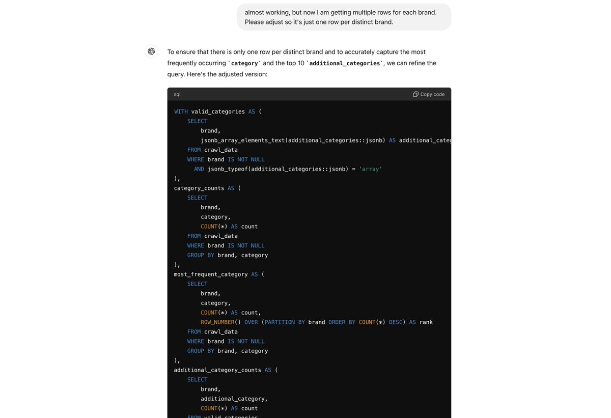 Writing SQL queries with ChatGPT for data analysis is an insane game changer.

I have a computing science background, but could never write this code, or at least, it would take me all day to get this one query right