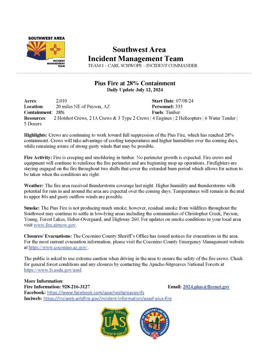 Pius Fire at 28% Containment
Daily Update 7-12-24 Highlights: Crews are continuing to work toward full suppression of the Pius Fire, which has reached 28% containment. Crews will take advantage of cooling temperatures and higher humidities over the coming days.