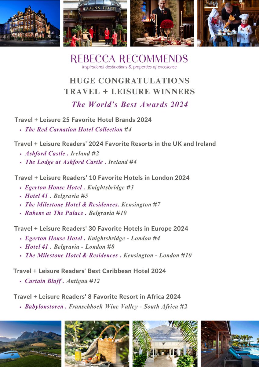 Amazing to see a number of the Rebecca Recommends clients featured in Travel + Leisure 'The World's Best Awards 2024'. Congratulations to you all for achieving this wonderful accolade - so well deserved.