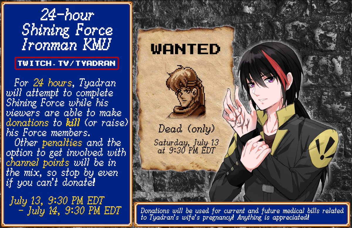 Tyadran's tweet photo. THIS SATURDAY NIGHT I'll be starting a 24-hour Kill-My-Unit Shining Force 1 run!

My goal will be to beat the game in 24 hours, while you are able to hinder me via donations and channel points!

Come make me suffer and help pay our medical bills!

https://t.co/OWvVhcbvEu

#SF1 https://t.co/Hyr8AJIQjJ