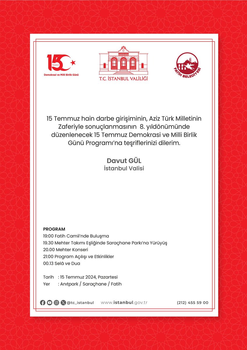 15 Temmuz  ruhunu sonsuza kadar yaşatacağız.

Pazartesi akşamı, yediden yetmişe hepinizi bekliyoruz.

#MilletinZaferi 
#İstanbul 🇹🇷