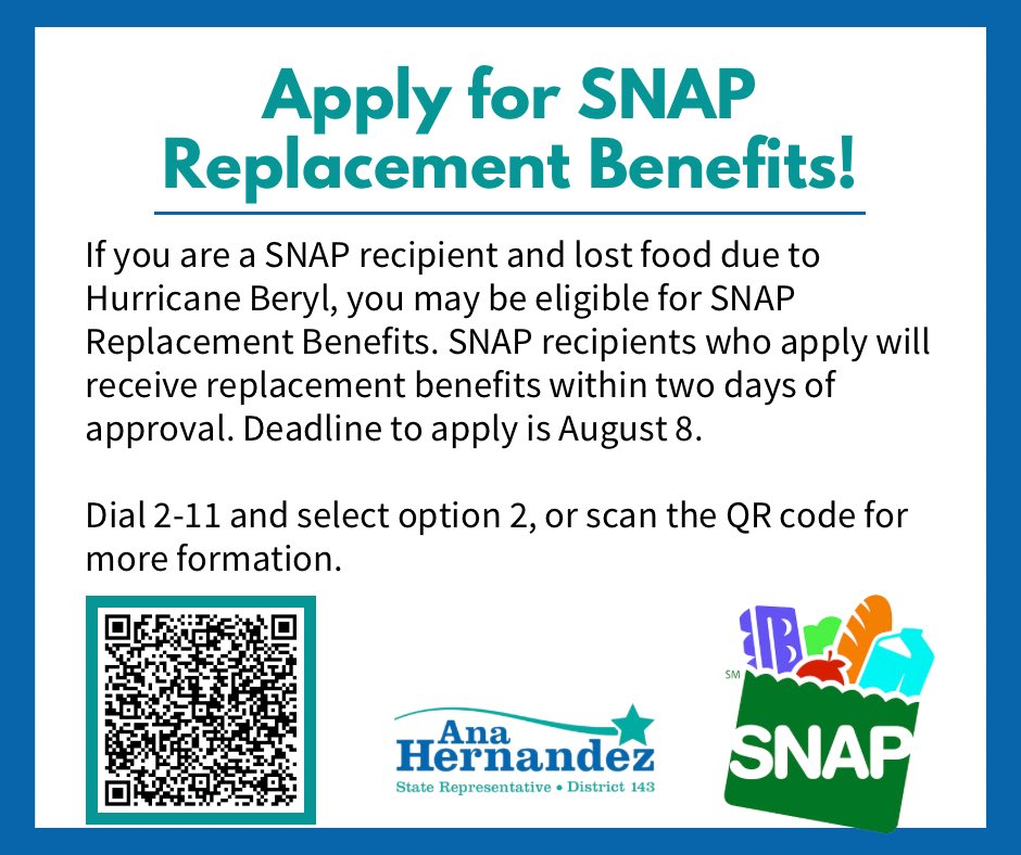 📣SNAP recipients who have been impacted by the recent severe storms can apply for replacement benefits through August 8! Recipients who apply will receive replacement benefits within 2 days of approval. 

To apply, dial 2-1-1 &amp; select option 2, or visit bit.ly/3yRIs3d