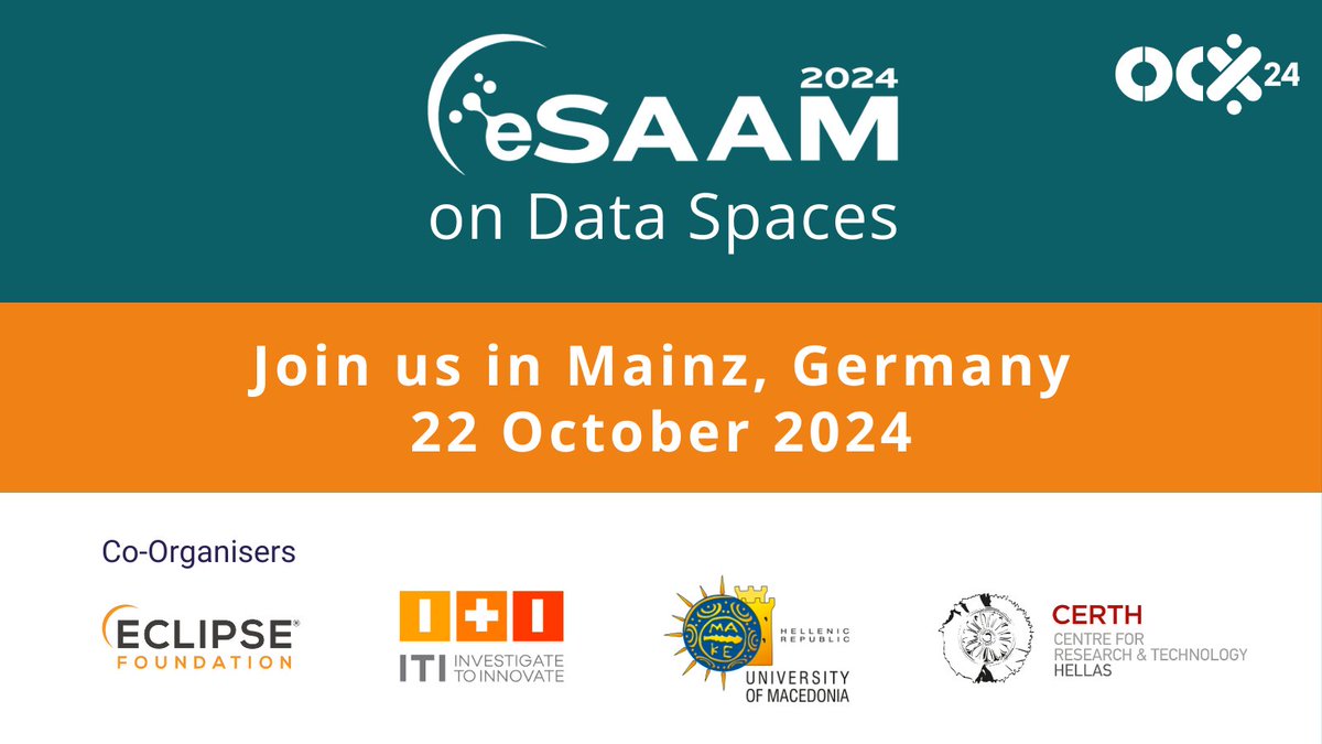 ocxconference's tweet image. Join #eSAAM2024 at #OCX24 for the latest updates on data space security and privacy, data space architecture, AI and machine learning, and modelling. Register by 20 July for the best deal! #opensource #research #dataspaces
hubs.la/Q02FcZRq0