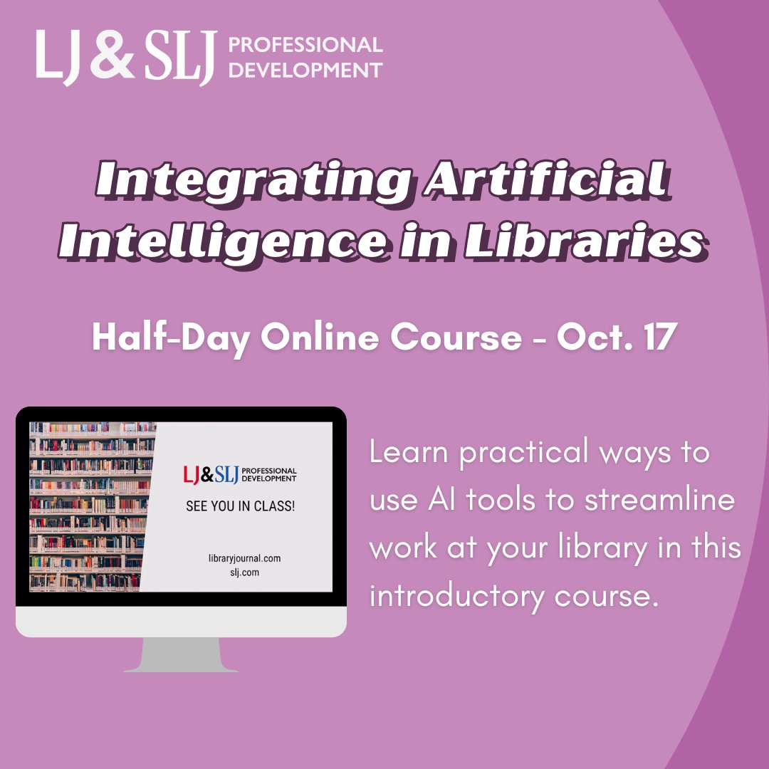 LibraryJournal's tweet image. This online course will focus on tangible ways to apply AI to your communication, programming, and workplace challenges. 💻
You won't want to miss this! Register now: hubs.la/Q02Gr67T0
Follow @LJ_SLJEvents to stay up to date on all events!
#AI #AIinLibraries