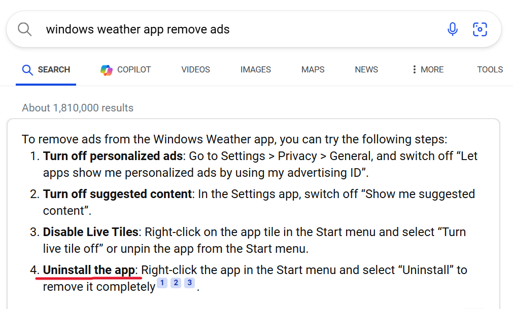 Peter_Juhasz's tweet photo. How to remove ads from the #Windows Weather app? As a paying customer, by the way. Well, this is an answer too, thanks #Bing. 😅 https://t.co/q5JxEGcacs