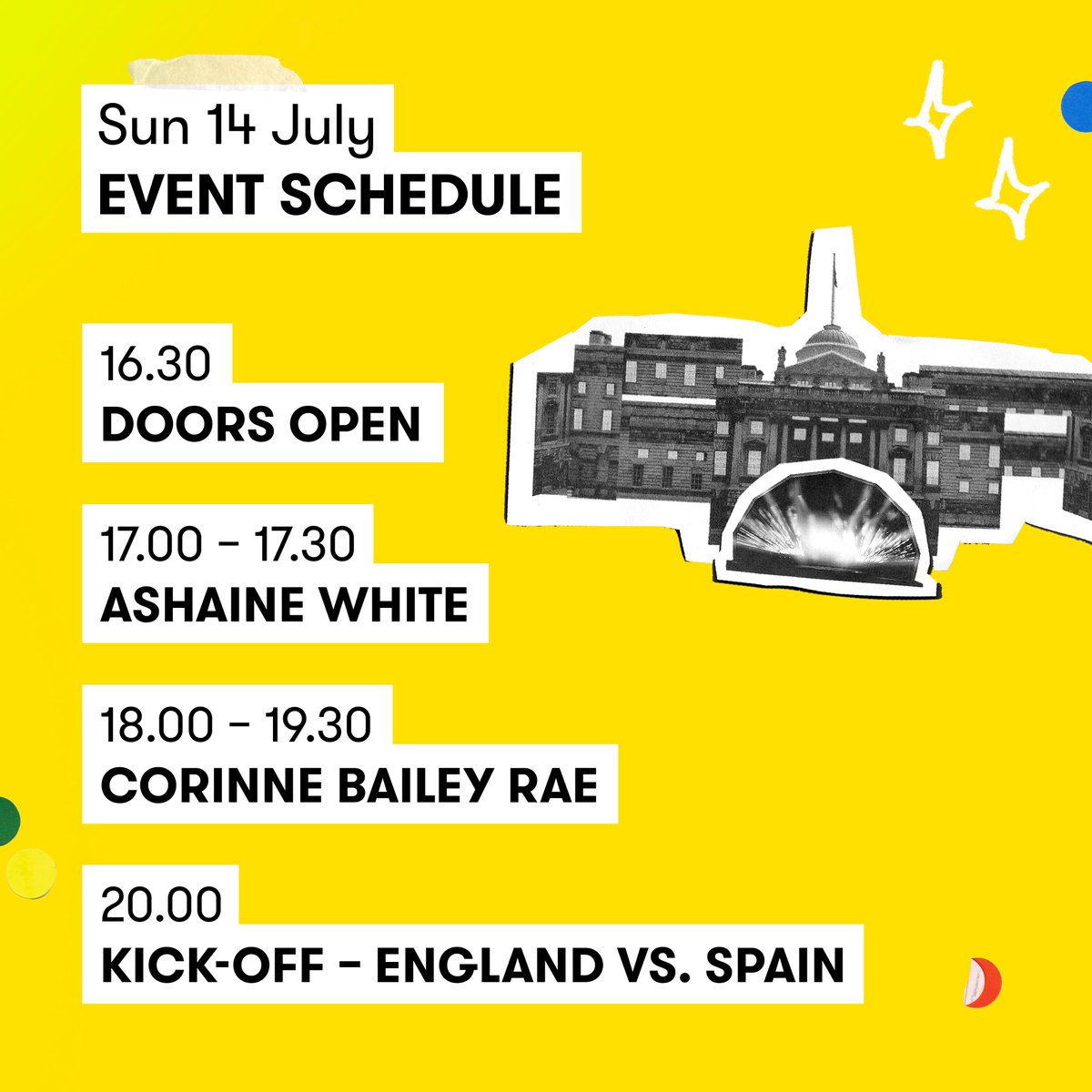 Corinne Bailey Rae (@corinnebrae) on Twitter photo 🚨 UPDATE FOR MY <a href="/SomersetHouse/">Somerset House</a> SHOW 🚨
In response to the momentous occasion of the England vs Spain game, the timing for Sunday's show has been changed to the following schedule. The game will be shown on the big screen within the courtyard for ticket buyers at 20.00. 🚨 UPDATE FOR MY <a href="/SomersetHouse/">Somerset House</a> SHOW 🚨
In response to the momentous occasion of the England vs Spain game, the timing for Sunday's show has been changed to the following schedule. The game will be shown on the big screen within the courtyard for ticket buyers at 20.00.