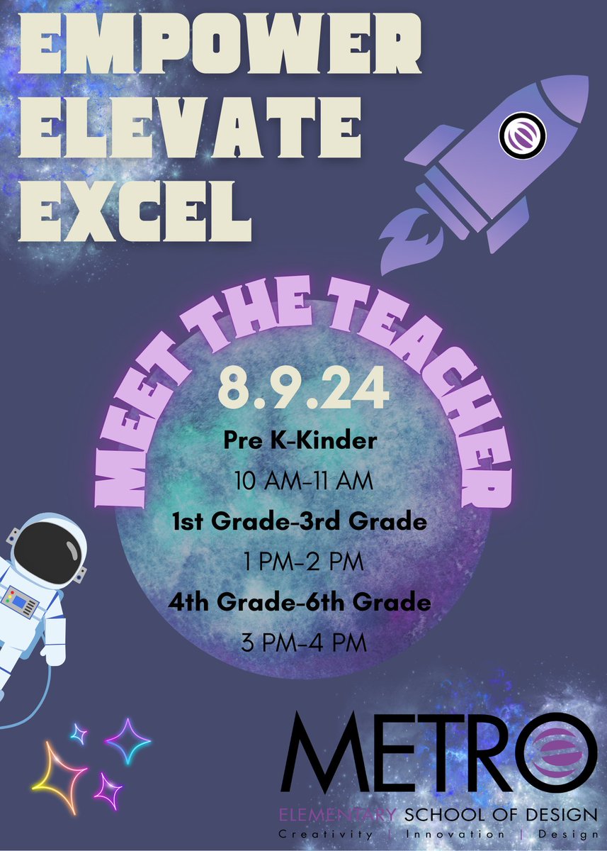 Meet the Teacher is around the corner! Soon our Bucs will fill our hallways again. Can’t wait! This year we will EMPOWER, ELEVATE, &amp; EXCEL all students and staff to continue taking <a href="/MetroElem/">MetroESchoolofDesign</a> to new heights. 🚀 <a href="/Milner_MetroE/">Justin Milner</a> <a href="/CCISD/">CCISD</a>