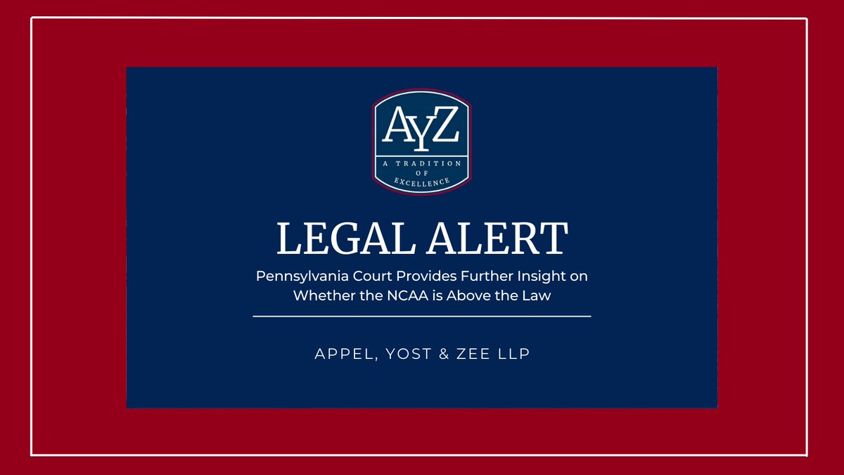 AppelYostZee's tweet photo. College #athletes may qualify as employees deserving of pay under federal wage-and-hour laws under a new Third Judicial Circuit Court ruling. Read more in our latest AYZ #LegalBlog: https://t.co/hXsJSfqjBd #ncaa #employmentlaw #collegesports https://t.co/ntJ5DUms6a