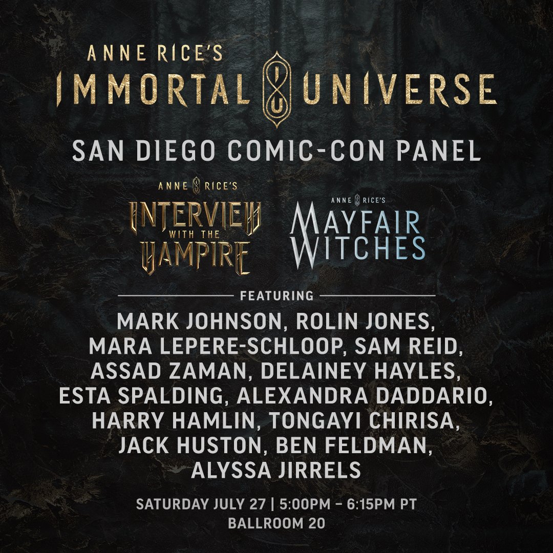 AMCsAnneRice's tweet photo. Anne Rice's Immortal Universe is heading to San Diego.

Join us at #SDCC24 for the official #InterviewWithTheVampire and #MayfairWitches panel, moderated by @damianholbrook, July 27 at 5pm PT in Ballroom 20. https://t.co/D9uVoycdlk