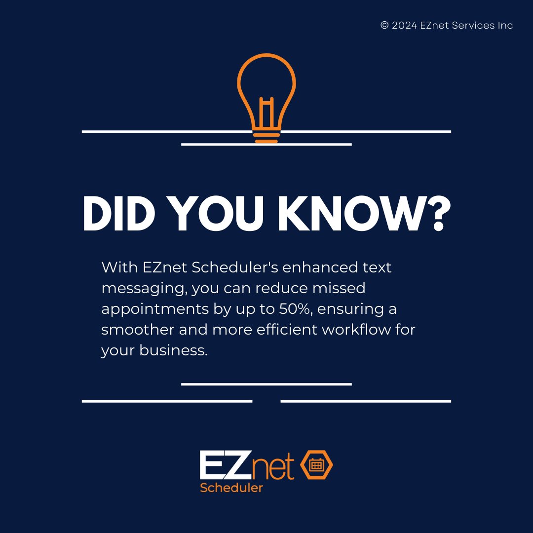 Scheduler_EZnet's tweet image. Unlock the power of enhanced text messaging to keep your schedule full and your business thriving. 📱💼

Schedule your FREE demo here: eznetscheduler.com/Calendar/EZnet…

#Efficiency #CustomerCommunication #eznetscheduler