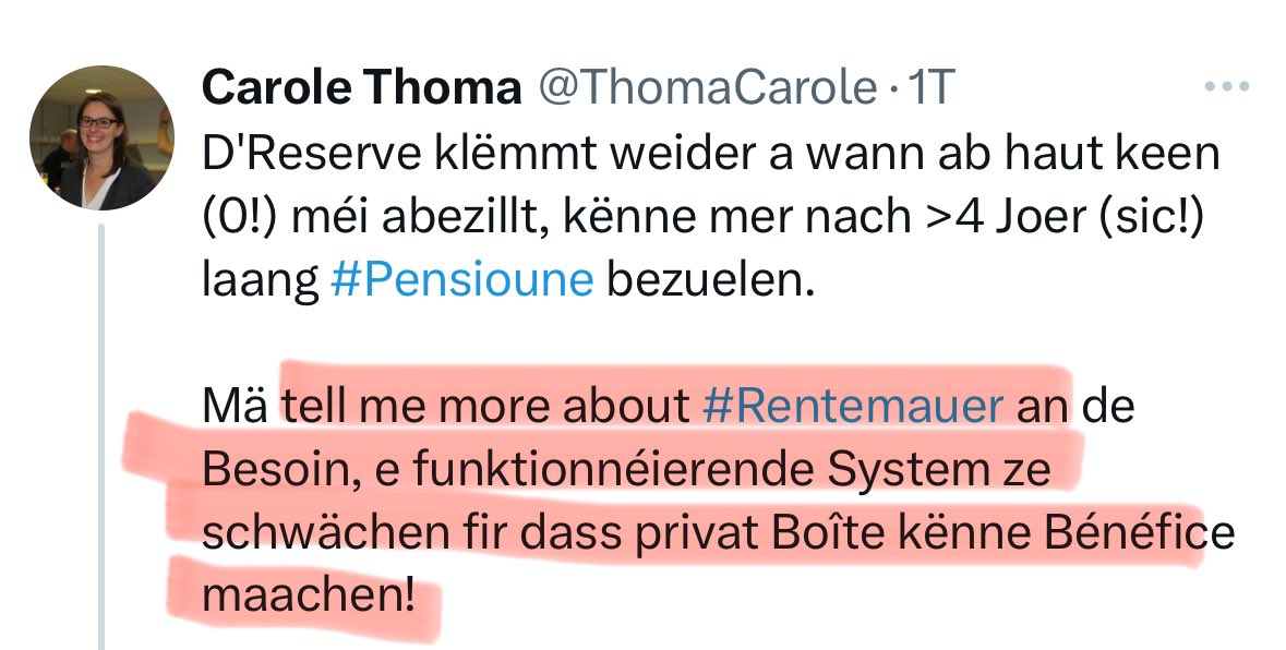 HengelMax's tweet photo. @ThomaCarole Wann daat keng Behaaptung ass, wees ech et och net. Quasi all Etude soen datt de System esou op Dauer net finanzéierbar ass. Elo d‘Aan zoumaachen ass onverantwortlech. https://t.co/AHb0TZyOr6
