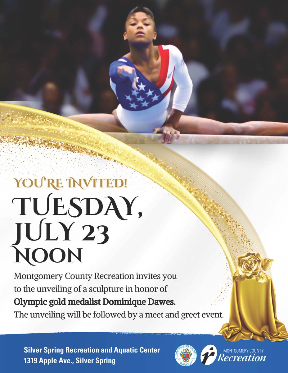 MoCoRec's tweet image. We&apos;re excited to announce a special event coming up soon at the Silver Spring Recreation and Aquatic Center! On Tuesday, July 23 at noon we will unveil a sculpture of Olympic gold medalist, Dominique Dawes. We hope to see you there. #MoCoRec #SilverSpring