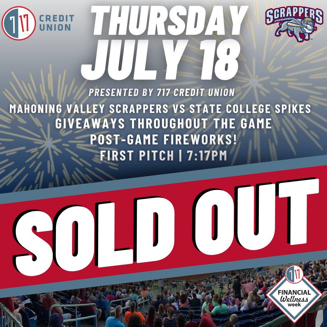 𝐓𝐇𝐔𝐑𝐒𝐃𝐀𝐘, 𝐉𝐔𝐋𝐘 𝟏𝟖 | 𝐒𝐎𝐋𝐃 𝐎𝐔𝐓!
Seven Seventeen Credit Union
It's 7 17 Credit Union’s Financial Wellness Night at Eastwood Field. First pitch is at a special time of 7:17 pm. The  Main Gates will open at 5:30pm.
✳️mlbdraftleague.com/mahoning-valle…