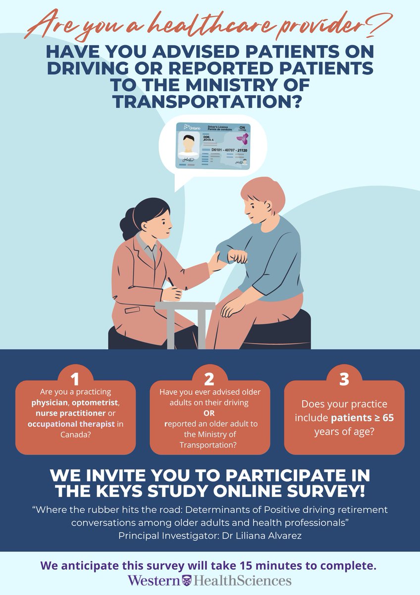 Are you a healthcare provider who provides driving recommendations to patients? We invite you to participate in a brief online survey about driving cessation conversations. Follow this link to participate: uwo.eu.qualtrics.com/jfe/form/SV_54…