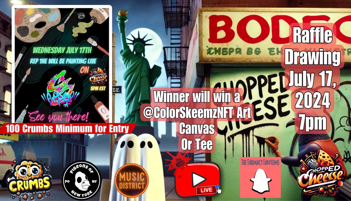 <a href="/ColorSkeemzNFT/">REP 1NE</a> Will be painting live during Chopped Cheese and will raffle it off to a lucky winner. <a href="/MRSREP1NE/">MRS.REP | NFT NYC2025</a> Will be Raffing off a Tee as well!! 2 Prizes on the Next Space!

Raffle Drawing will happen at 7pm During Chopped Cheese Vol. 76. 

#web3choppedcheese  

Crumbs needed