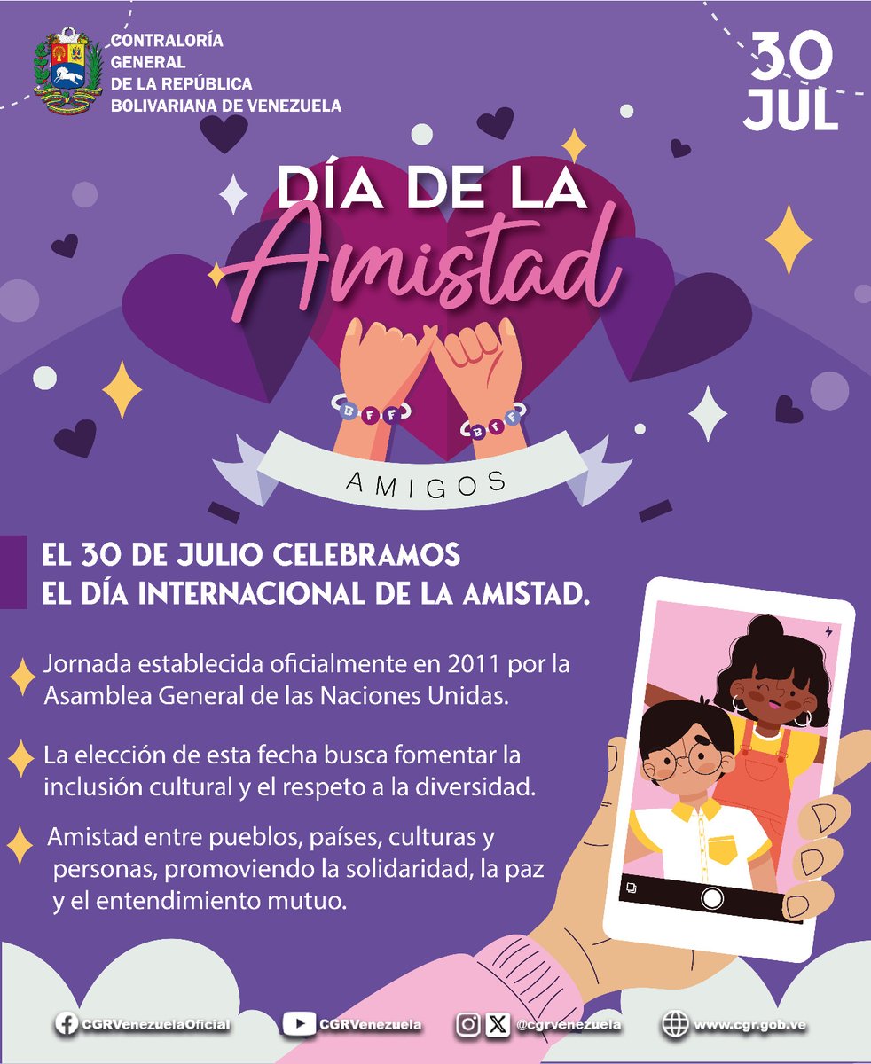 #TalDíaComoHoy | Se celebra el Día Internacional de la Amistad,  fecha,instituida por la Asamblea General de Naciones Unidas de la ONU en 2011, para reforzar ese sentimiento desinteresado que es capaz de unir a personas muy diferentes,romper fronteras,tender lazos de solidaridad.