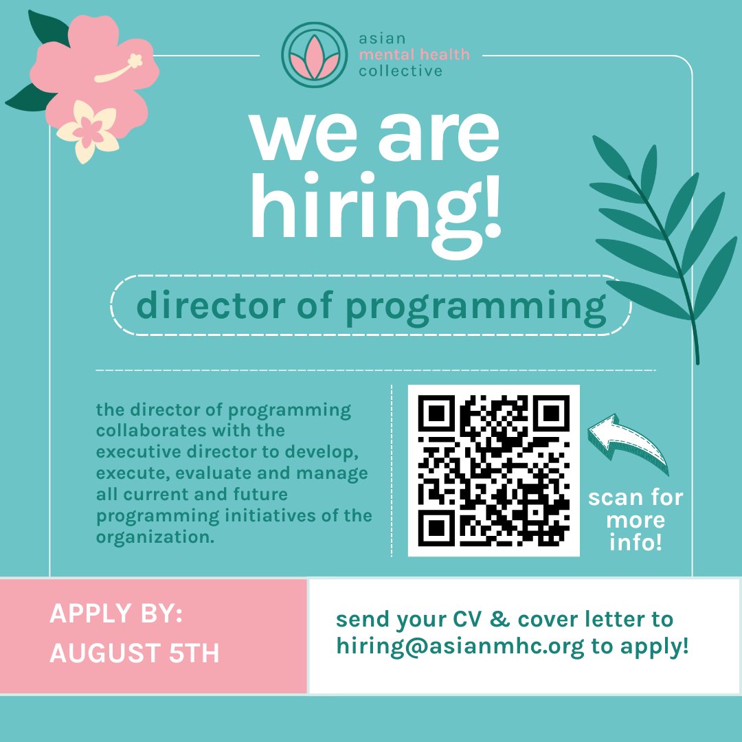 Asian Mental Health Collective (@asianmhc) on Twitter photo We are hiring a Director of Programming!
If interested, please send your CV and cover letter to hiring@asianmhc.org to apply!
Learn more info about the position here: asianmhc.org/opportunities/ We are hiring a Director of Programming!
If interested, please send your CV and cover letter to hiring@asianmhc.org to apply!
Learn more info about the position here: asianmhc.org/opportunities/