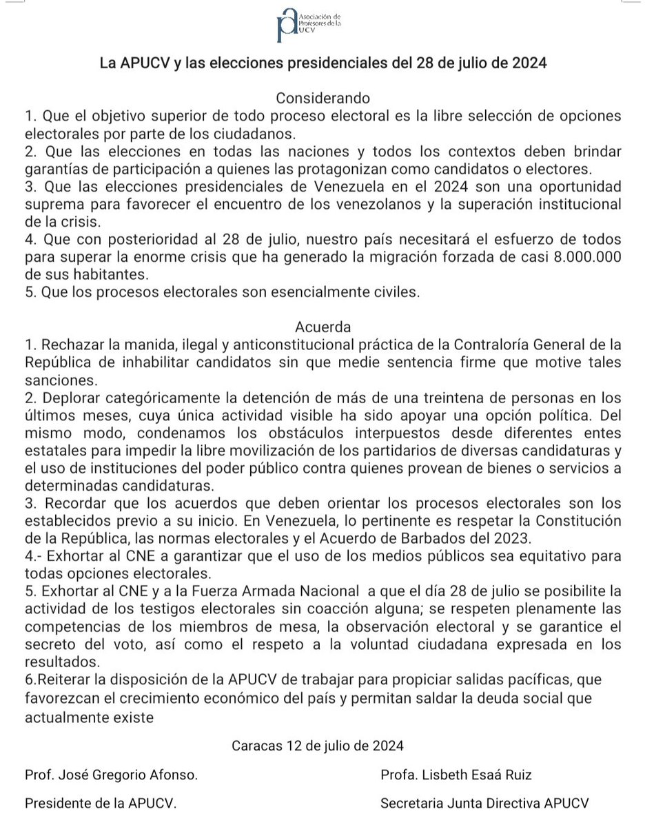 La junta directiva de la APUCV se pronuncia en relación a las elecciones presidenciales del 28 de julio.

#Comunicado #Profesores