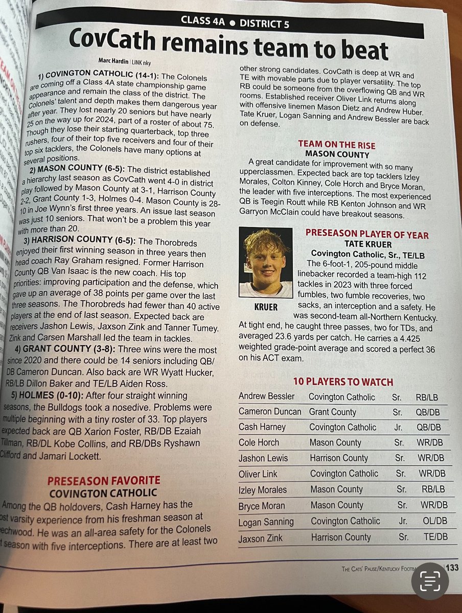 Cats Pause 4A District 5 Football Preview

1. Covington Catholic 
2. Mason County
3. Harrison County
4. Grant County
5. Holmes 

Players to watch for Mason County

Cole Horch 
Bryce Moran 
Izley Morales
