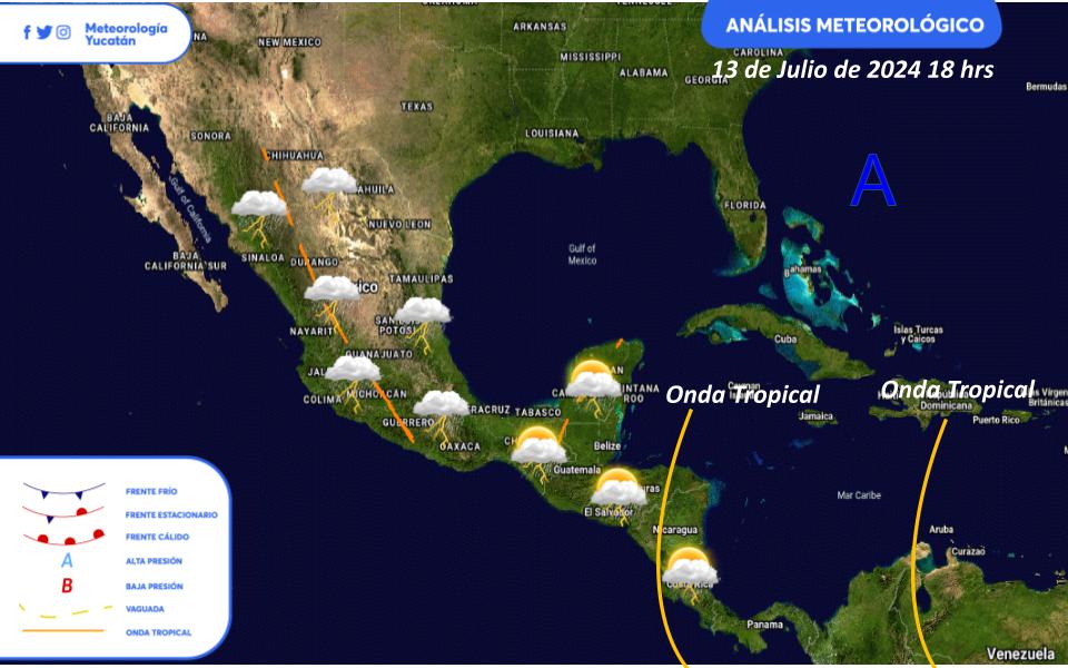 ClimaYucatan's tweet photo. ☕ ¡Buenos días! Será una jornada sabatina con 🥵 ambiente caluroso en gran parte de la región. Sin embargo, durante la tarde y noche se presentarán ⛈️ tormentas en varias zonas de la península de Yucatán y Tabasco debido a la "Vaguada Maya" con un vórtice en niveles superiores. https://t.co/Op1Dkfmqd0
