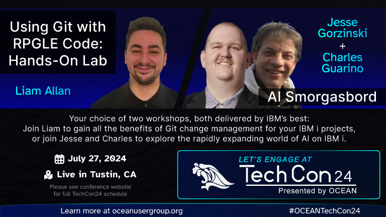 OCEANUserGroup's tweet image. OCEAN&apos;s #TechCon24 has two amazing #IBMi workshops to choose from on Saturday morning, July 27th! &quot;Using #Git with #RPGLE a Hands-on Lab&quot; with @notesofbarry &amp;amp; &quot;#AI Smorgasbord&quot; with both @OSSJesseG and @charlieguarino! Get all the details &amp;amp; register here: oceanusergroup.org/techcon24