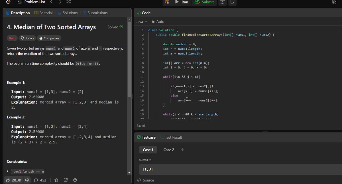 parassetia889's tweet image. #day46
Solved Leetcode Hard :
- Median of two sorted arrays
#100daysofcoding #DevProblems #ProblemSolving #dsa #codehelp #CodingJourney #ProgrammingLife #CodingLife