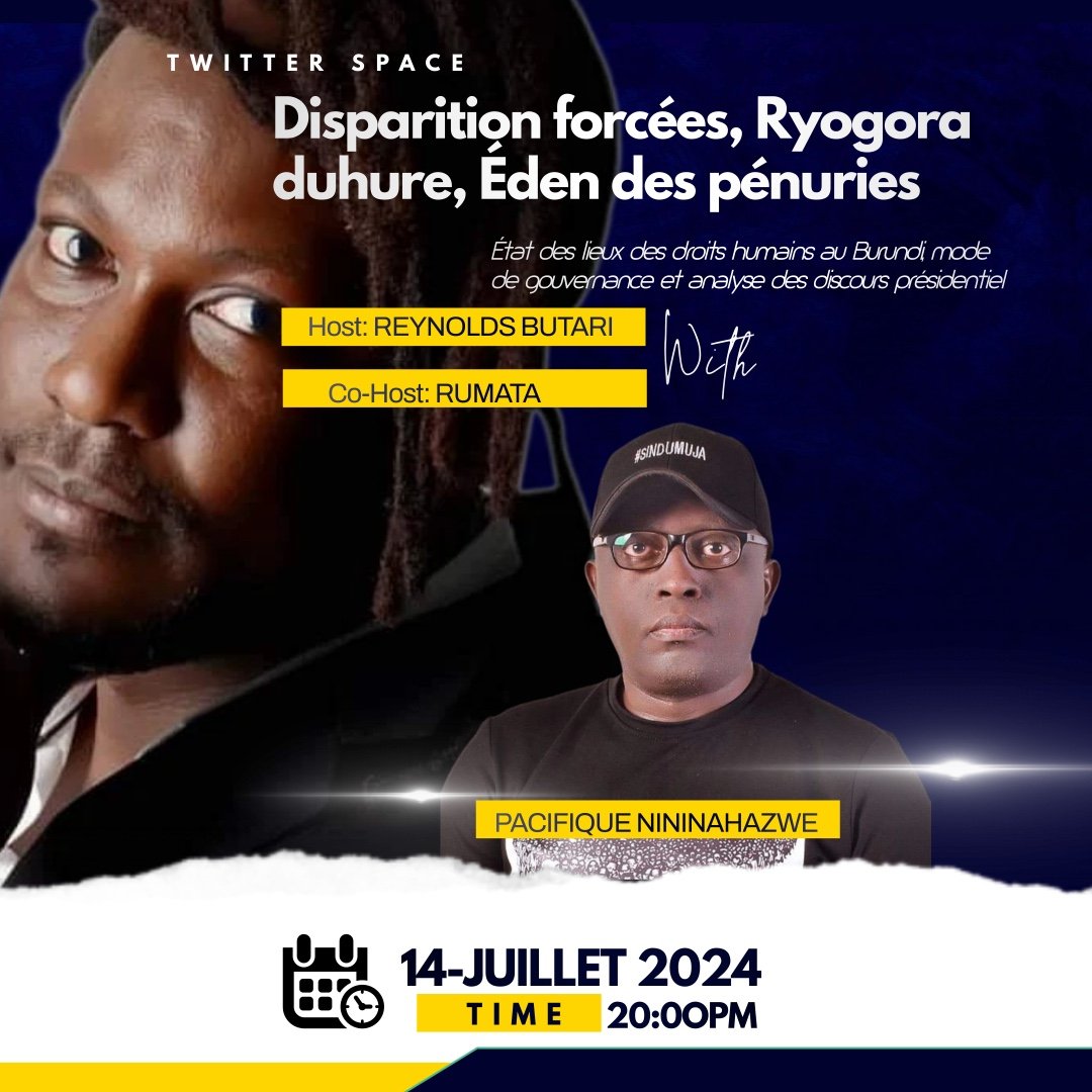 ReynoldsButari's tweet photo. 𝐁𝐚𝐫𝐮𝐧𝐝𝐢(𝐤𝐚𝐳𝐢), 𝐁𝐮𝐫𝐮𝐧𝐝𝐚𝐢𝐬 𝐝𝐞 𝐜œ𝐮𝐫, 𝐚𝐦𝐢𝐬 𝐝𝐮 𝐁𝐮𝐫𝐮𝐧𝐝𝐢 𝐞𝐭 𝐯𝐨𝐢𝐬𝐢𝐧𝐬,
Ce dimanche à 20h, heure de Bujumbura, je vous invite à participer à un Space où nous discuterons de l'état des droits humains au Burundi. Nous aborderons la liberté d'expression, le système 𝐑𝐲𝐨𝐠𝐨𝐫𝐚 𝐃𝐮𝐡𝐮𝐫𝐞 un mécanisme de musellement des voix discordantes mis en place par le parti au pouvoir, ainsi que les nombreux cas de corruption et d'injustice sociale, des discours présidentiel pour le moins déroutant, entre autres.
Nous traiterons de tous ces sujets qui vous tiennent à cœur en compagnie de @pnininahazwe, leader de l'organisation Focode, dont le travail remarquable n'est plus à prouver. Focode est sans doute l'organisation de la société civile la mieux informée, peut-être même plus que les services de renseignement nationaux. Leurs analyses offriront une nouvelle perspective pour mieux comprendre les maux qui affligent notre société.