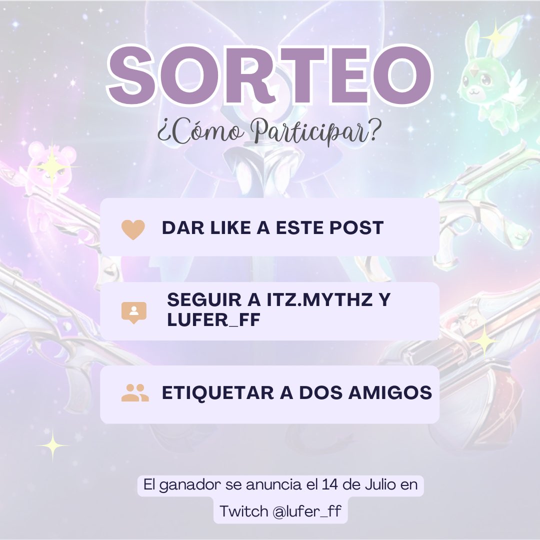 ✨ Sorteo nuevo Pack de Skins ✨

•Dar Like al Post
•Seguir a <a href="/ltzMythz/">XYN Mythz 미소</a> y @lu_ferff 
•Etiquetar dos amigos
•Dar Retweet s este post

Nos vemos en Twitch <a href="/lufer_ff/">LUFER FF</a> el día 14 de Julio a las 16:00 hora Colombia 🙊 Deben estar presentes 👀