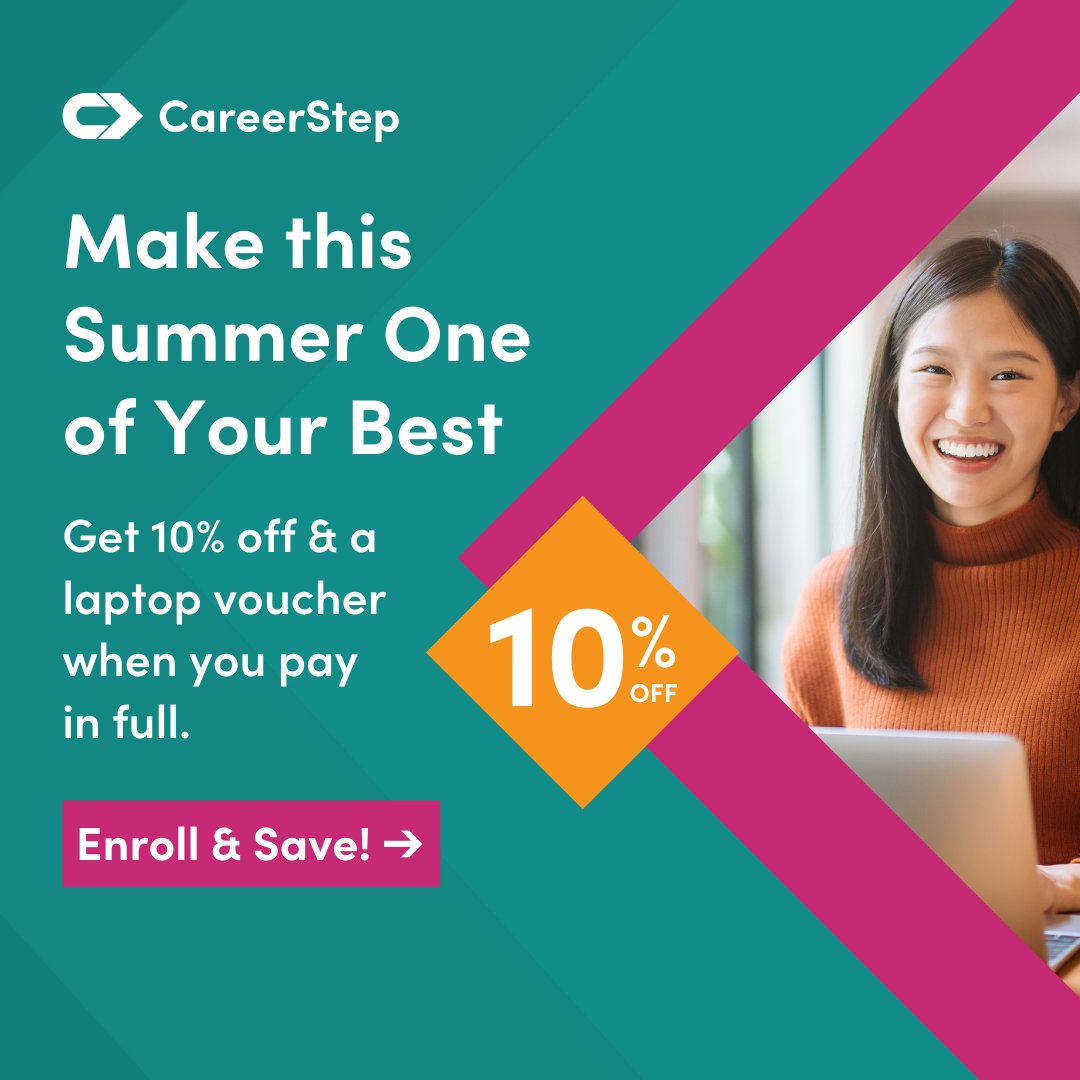 Make the most of your summer with FAU Continuing in partnership with CareerStep. Get 10% off our CareerStep training programs AND a laptop voucher when you pay for your program in full. Call CareerStep at 877-225-7151 to speak to a Career Advisor today. Offer ends 7/19/24.