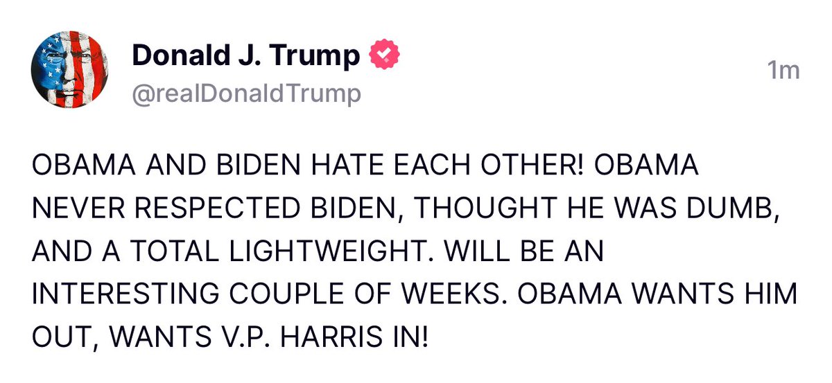 LauraLoomer's tweet photo. 🚨🚨

President Trump just posted this on Truth Social. 

He said Obama and Biden hate each other and that Obama never respected Biden. https://t.co/zizQpT7kAd