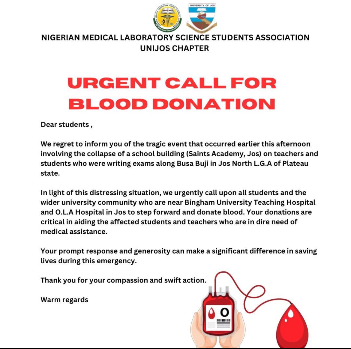 VictorIsrael_'s tweet photo. Please can we help spread this?

If you are close to this hospital and can donate blood please kindly head there. We need help for the victims of the building collapse is Plateau state 

Kindly spread this 📌 https://t.co/56dtjQduZK