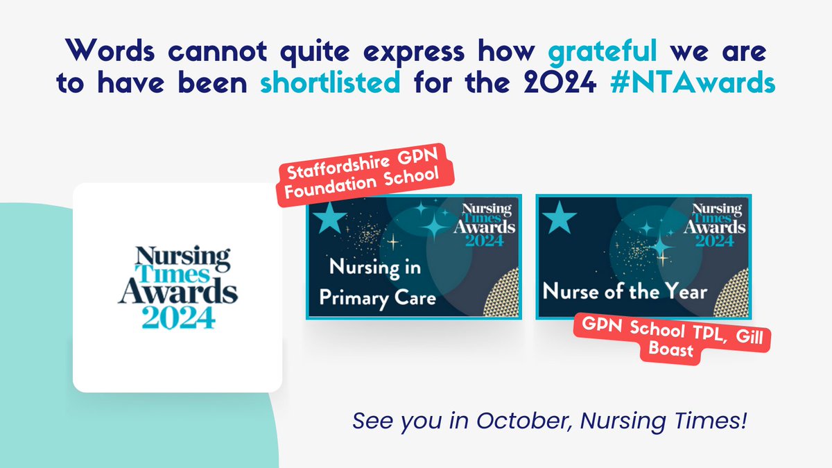 Staffordshire GPN Foundation School (@staffsgpnfs) on Twitter photo Wow... shortlisted for #NTAwards 'Nursing in Primary Care'?! So grateful🙏🙏
Also, many congratulations to our very own <a href="/gillboast/">Gill Boast RN QN</a> - shortlisted for 'Nurse of the Year'! 🙌
See you in October, <a href="/NursingTimes/">Nursing Times</a>! 💫
<a href="/StaffsTH/">Staffordshire Training Hub</a> <a href="/NSGPfed/">North Staffordshire GP Federation</a> <a href="/StaffsStokeICB/">Staffordshire and Stoke-on-Trent ICB</a> <a href="/StaffsStokeICS/">Staffordshire and Stoke-on-Trent ICS</a> <a href="/TheQNI/">The Queen's Nursing Institute</a> Wow... shortlisted for #NTAwards 'Nursing in Primary Care'?! So grateful🙏🙏
Also, many congratulations to our very own <a href="/gillboast/">Gill Boast RN QN</a> - shortlisted for 'Nurse of the Year'! 🙌
See you in October, <a href="/NursingTimes/">Nursing Times</a>! 💫
<a href="/StaffsTH/">Staffordshire Training Hub</a> <a href="/NSGPfed/">North Staffordshire GP Federation</a> <a href="/StaffsStokeICB/">Staffordshire and Stoke-on-Trent ICB</a> <a href="/StaffsStokeICS/">Staffordshire and Stoke-on-Trent ICS</a> <a href="/TheQNI/">The Queen's Nursing Institute</a>