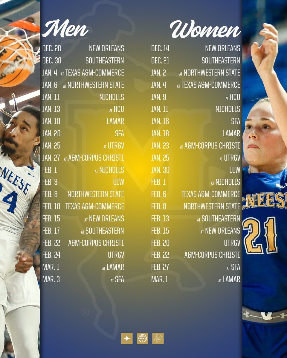 SouthlandSports's tweet photo. Here is the 2024-25 McNeese Cowboys and Cowgirls Southland Basketball Schedule ⚔️

#EarnedEveryDay https://t.co/cHiCk3Bdan