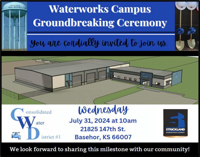 ConsWaterDist's tweet photo. EXCITING NEWS!

We are excited to invite you to the groundbreaking of our new Waterworks Campus. 

We look forward to having you join us for this momentous occasion for the water district and the community. For questions, please contact us at 913-724-7000 or  admin@crwd1.com https://t.co/KRHIH0Re7h
