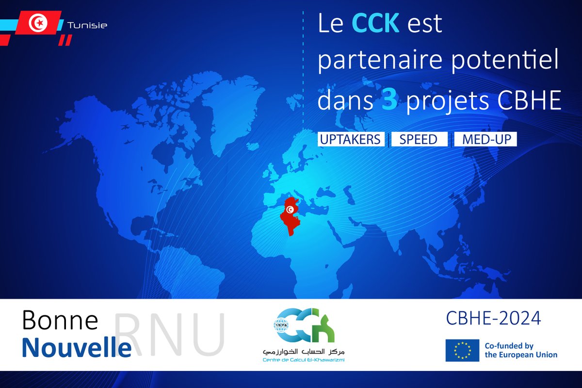 La Tunisie est partenaire dans 5 projets Erasmus+ "Renforcement des capacités dans l'Enseignement Supérieur pour l’appel CBHE-2024". Le Centre de Calcul El-Khawarizmi (CCK) participe activement comme partenaire potentiel dans 3 Projets.