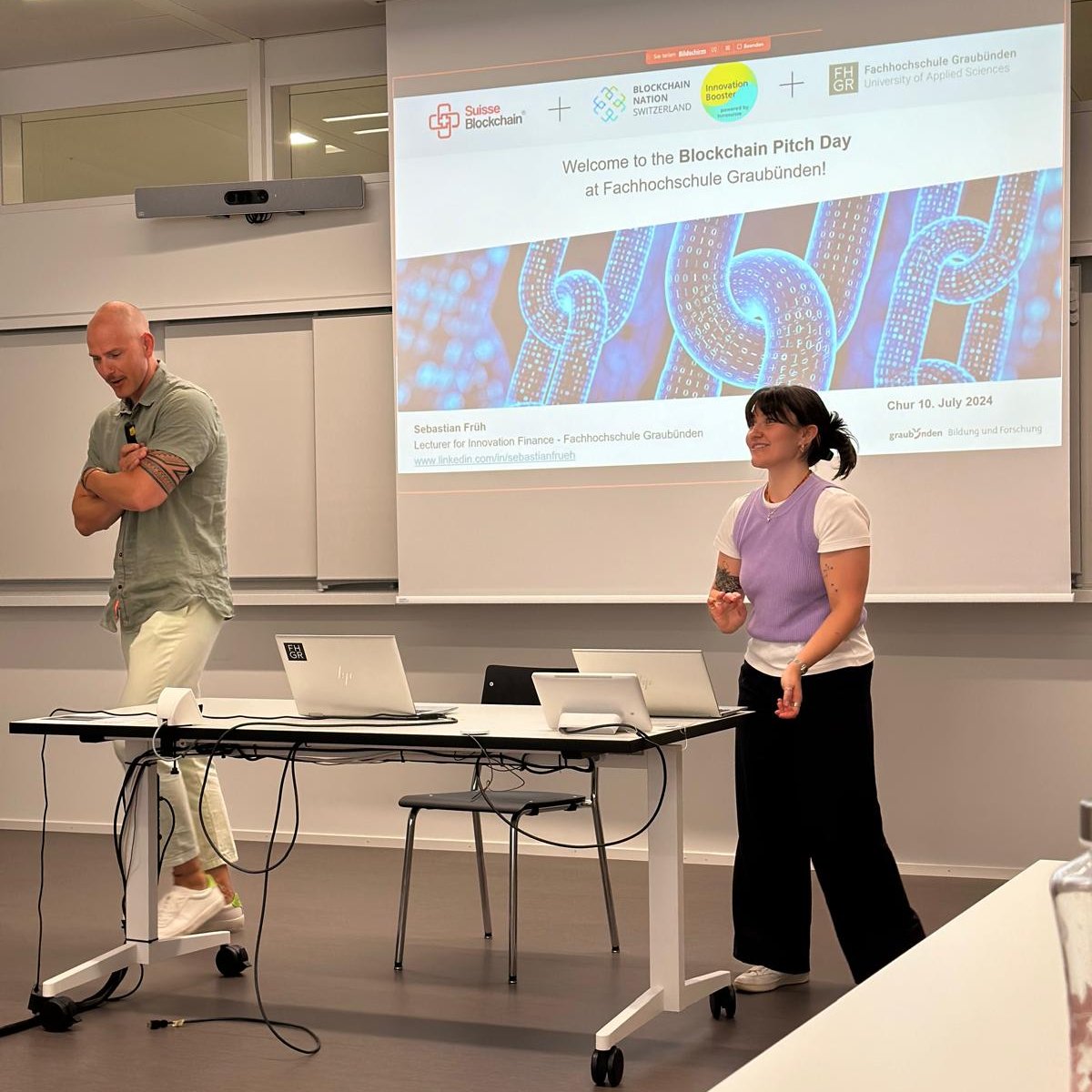 ch_bns's tweet photo. Some impressions of our Pitch Day in Chur in collaboration with @FH_Graubuenden and @SuisseBC. 

We heard six very interesting #blockchain ideas - many thanks to all of the teams for participating!

#swissinnovationbooster is powered by @Innosuisse

#dlt #innovation #blockchain https://t.co/tSwqHVGZXv