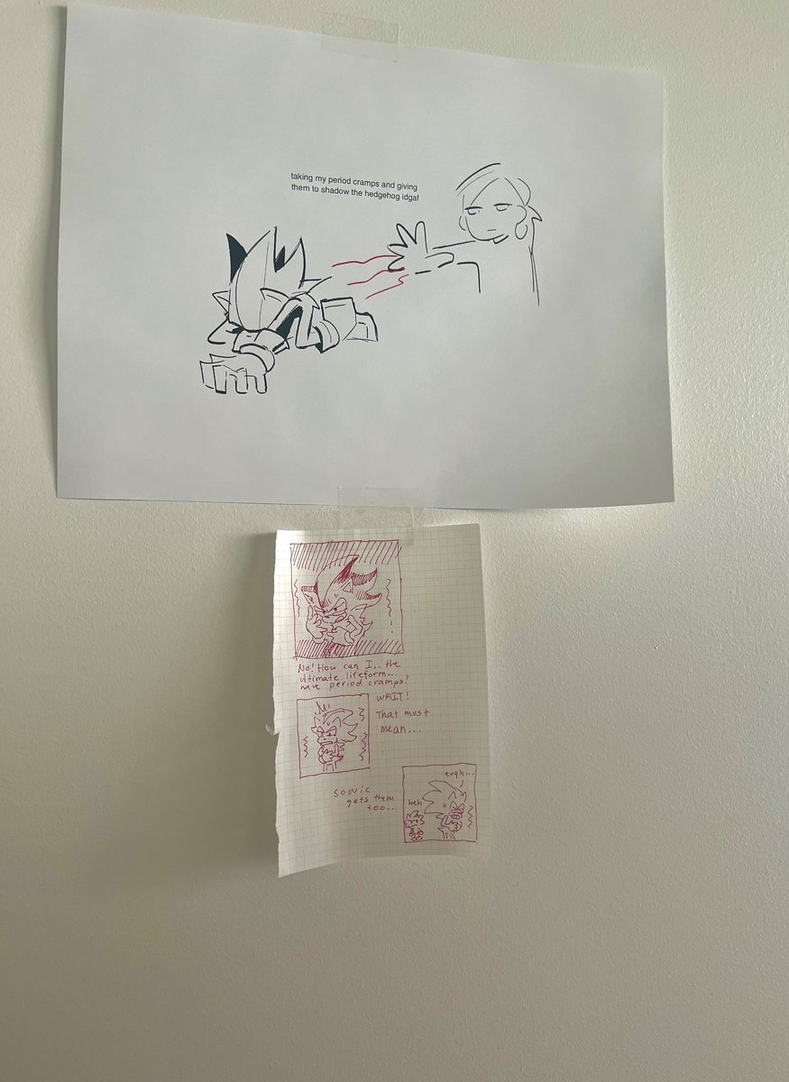 caramoccii's tweet photo. went into my office where the only decor I had up was me giving shadow my period cramps and was pleasantly surprised to find someone had mysteriously posted up a follow up comic https://t.co/rI2bX8k2JG