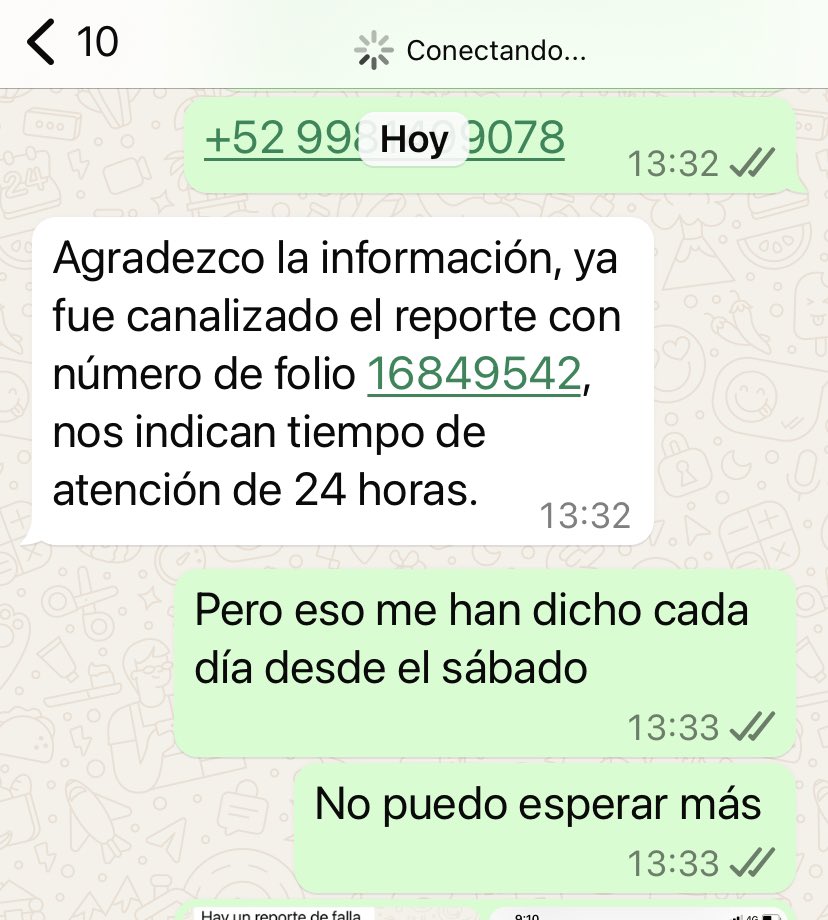 JorgeTorio's tweet photo. @TELMEXSoluciona @Telmex @hectorslimseade @infinitum Desde el sábado, incluyendo el día de hoy nuevamente, me dicen que canalizan el reporte y en 24 resuelven. Necesito que lo resuelvan ya y no me den 24 horas mas cada vez que me atienden https://t.co/ddZUasANwa