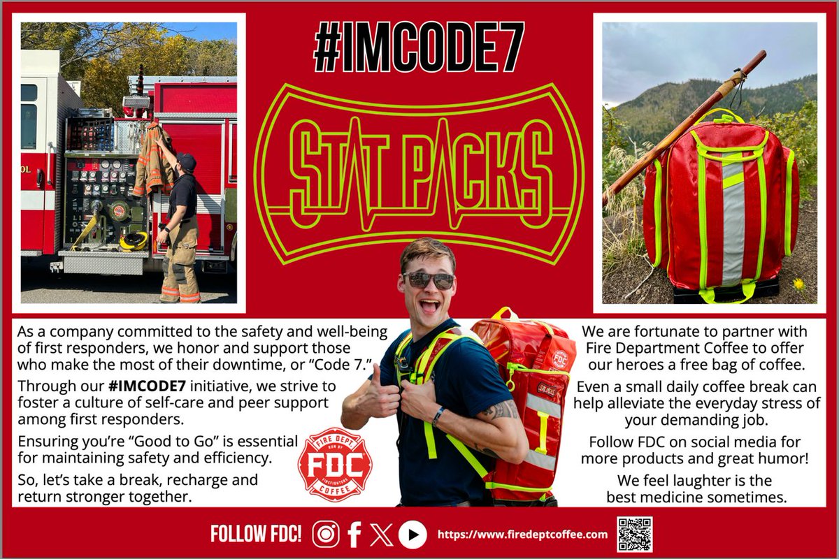 I’m Code 7

Let us know your favorite methods to get away from work and recharge your batteries. 

Use the QR code or

statpacks.com/imcode7-why-do…

#firstresponders #mentalhealth #imcode7