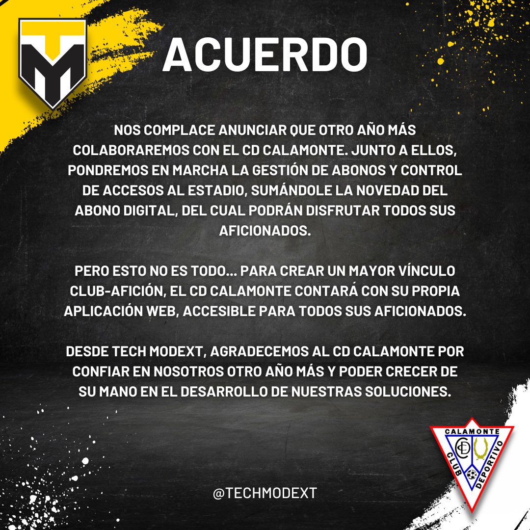 ✍🏼ACUERDO

Esta temporada colaboraremos con el CD Calamonte. ⚽️

<a href="/techmodext/">Tech Modext</a> 🤝@ccalamonte