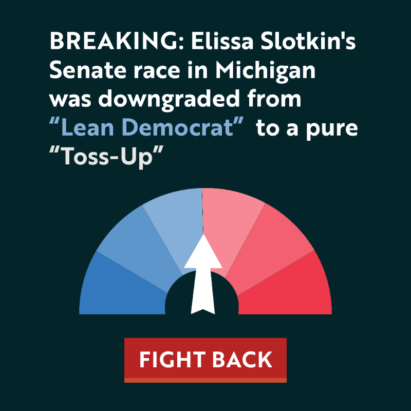 ElissaSlotkin's tweet photo. BREAKING: The Cook Political Report just downgraded the Michigan Senate race from “Lean Democrat”  to a pure “Toss-Up.”

We’ve always known this race would come down to the wire, but this ratings change confirms that this race could go either way on Election Day. Chip in now>>>